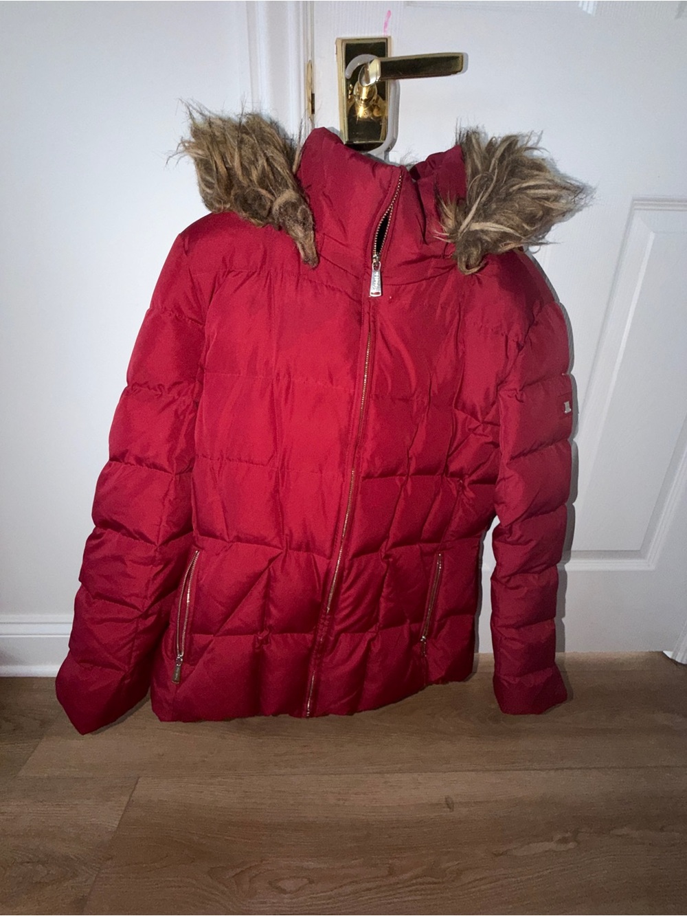 Calvin Klein Bright Red Quilted Puffer with Faux Fur Trimmed Hood